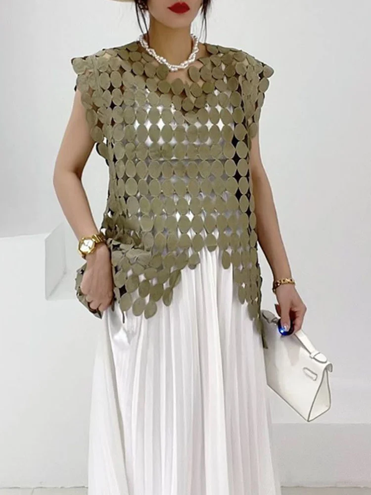 

Женская ажурная футболка с асимметричным подолом, черная Повседневная футболка без рукавов с V-образным вырезом, модель X110 на лето, 2023