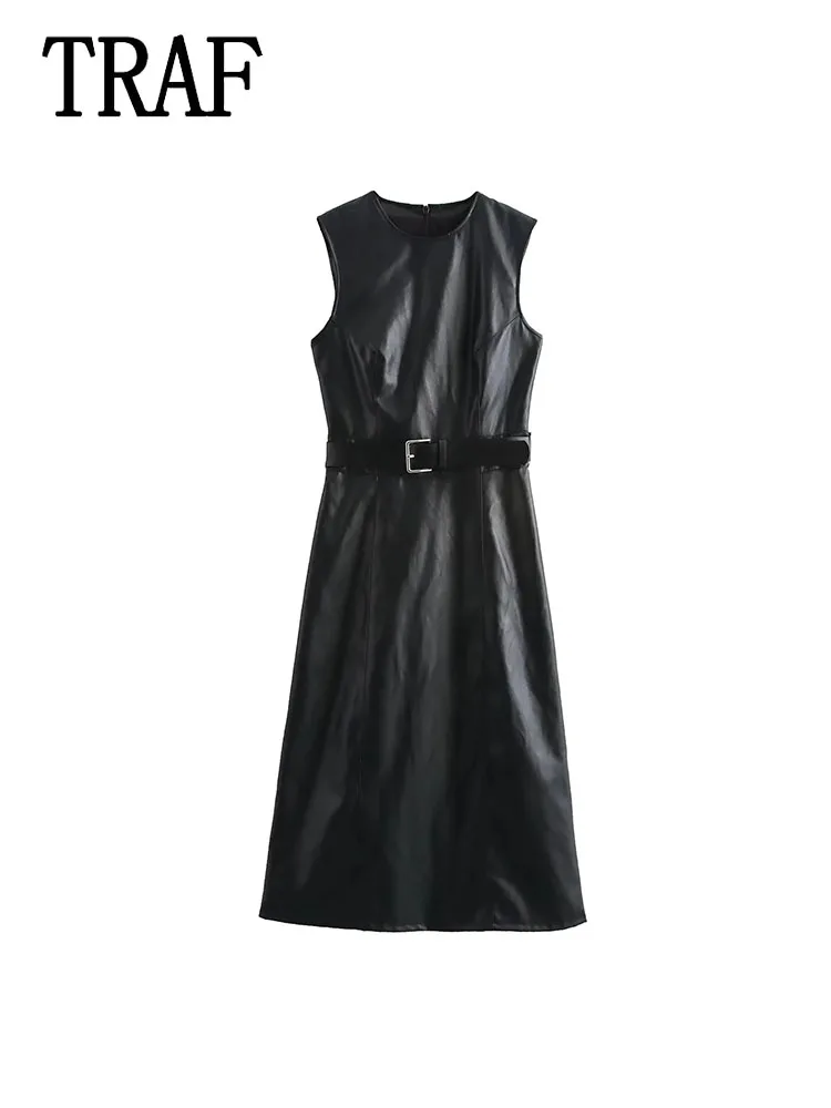 TRAF женские длинные платья из искусственной кожи осенние модные миди с поясом