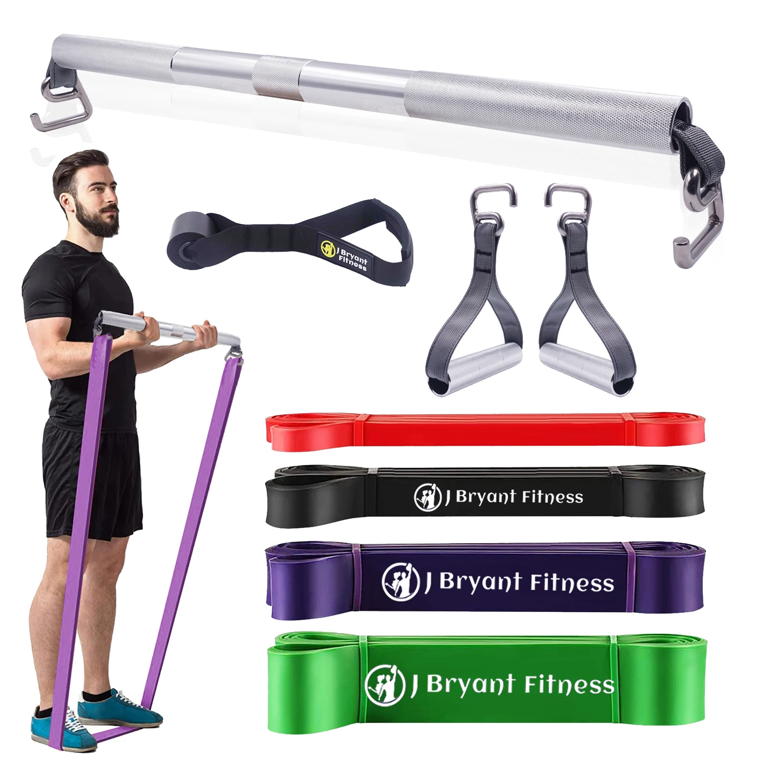 Portable Latex Resistance Band Exercise Bar Set with Metal Gym Handle e-type-Hook Home Squats Pilates Workout Body Fitness