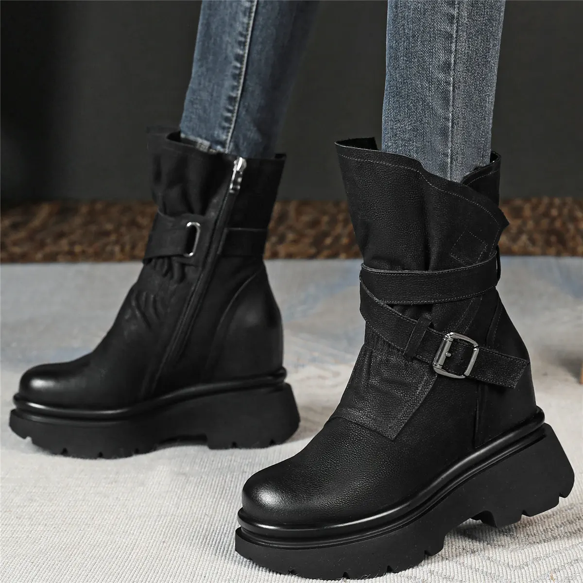 Winter Fashion Sneakers Women Genuine Leather Wedges High Heel Ankle Boots Female High Top Round Toe Platform Pumps Casual Shoes