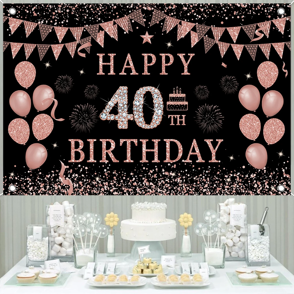 Фон для фотосъемки с днем рождения Черный Розовый Блестящий 16 21 30 40 50 60 лет