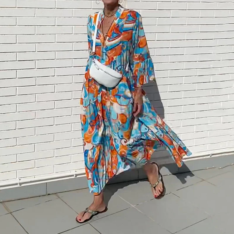 

Женское пляжное платье с расклешенным рукавом, повседневное свободное платье-трапеция с V-образным вырезом, винтажное длинное платье в стиле бохо для отдыха, лето-осень