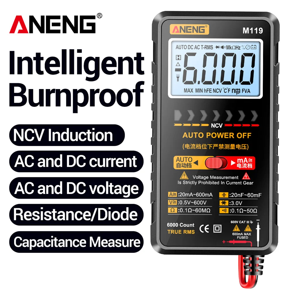 

ANENG M119 Digital Multimeter 6000 Count Tester AC DC Voltage DC Current Transistor Capacitor MeterWith NCV Data Hold Flashlight