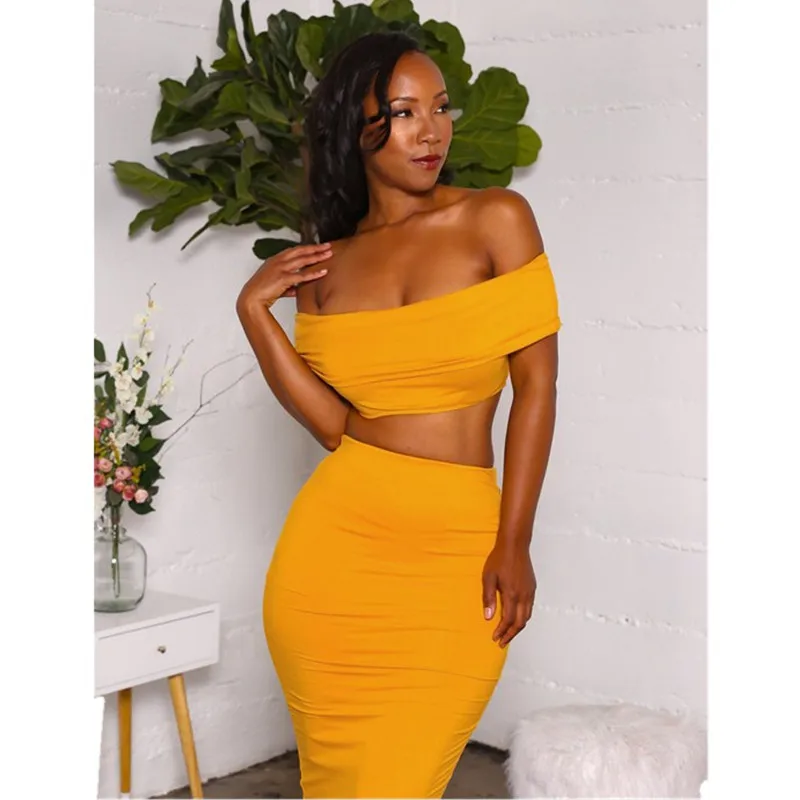 Yellow Dresses Sets for Women 2022 Slash Neck Sexy Long Skirt Cascading Crop Top Set Summer Matching Sets Suits Vestido Feminino