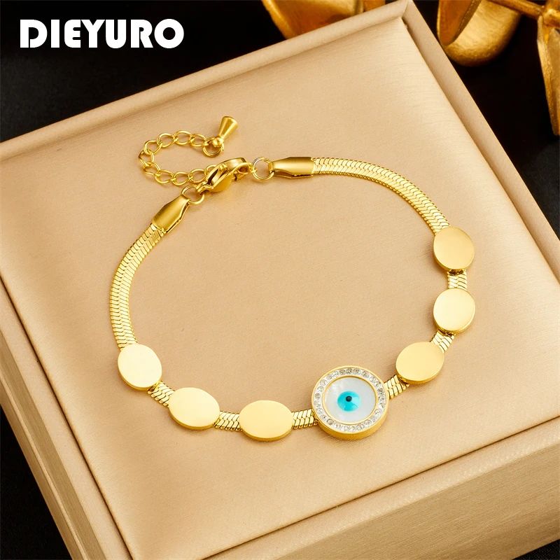 

DIEYURO 316L Stainless Steel Round Zircon Eye Charm Bracelet For Women New Trend Non-fading Wrist Chain Bangles Jewelry Gift