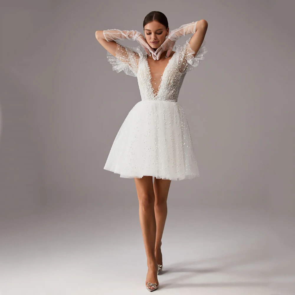 

Короткие женские платья Sevintage цвета слоновой кости для выпускного вечера с коротким рукавом платье для встречи выпускников с глубоким V-образным вырезом трапециевидного силуэта мини строгое платье