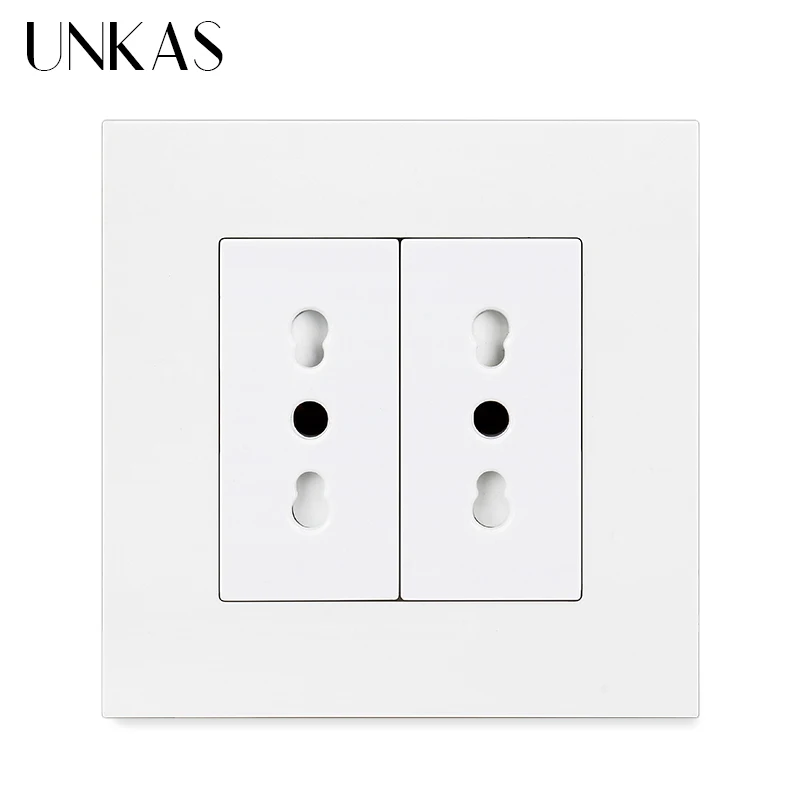 

UNKAS Italian Chile Standard Socket 86mm*86mm Plastic Panel White AC 110V~250V 2 Gangs 2 Pins Hole 16A Power Wall Outlet