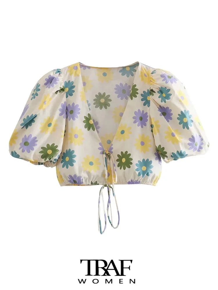 

TRAF Women Fashion With Tied Floral Print Poplin Crop Blouses Vintage V Neck Puff Sleeve Female Shirts Blusas Chic Tops