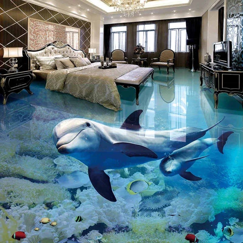 

Пользовательские 3D напольные обои, дельфин, подводный мир, наклейка, Фреска, ванная комната, пол, водонепроницаемые самоклеящиеся обои, домашний декор
