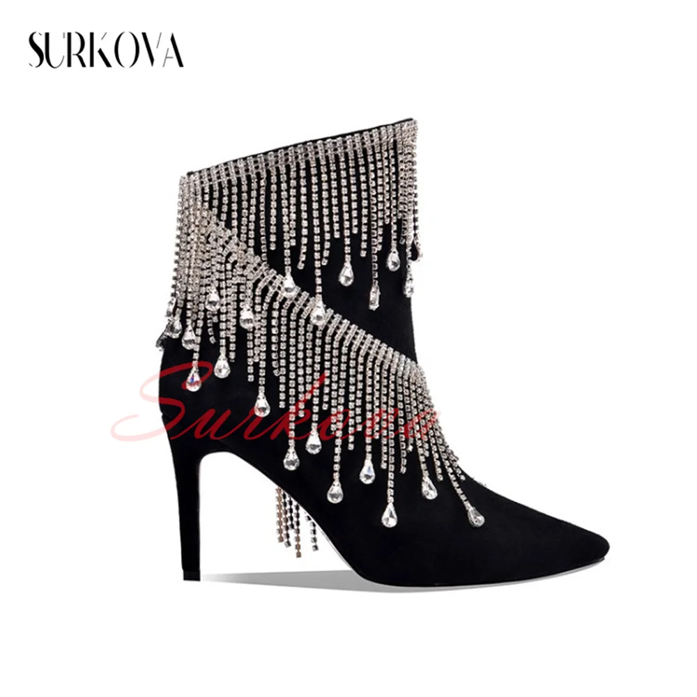 Black Suede Ankle Boots Ladies Casual Shoes Crystal Pendant Tassel Point Toe Feminine Short Boots for Women Autumn Winter New