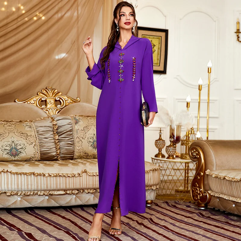 Hooded Rhinestones Beaded Slit Caftan Marocain Robe Dubai 2022 Sweet Women's Dresses for Party Loose Gulf Abayas Purple