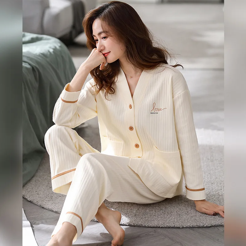 Spring and Autumn Pajama Set for Women's, Cotton Long-sleeved Cardigan, Sweet and Lovely Sleepwear,Homewear Can Be Worn Outside