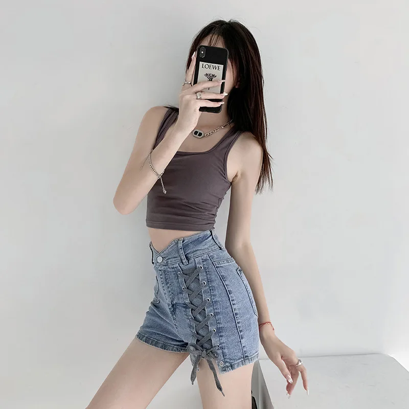 Sexy Ultra-high Waist Spice Girl Lace-up Design Sense Denim Shorts Women 2023 Summer New Slimming Exterior Wear A-line Shorts