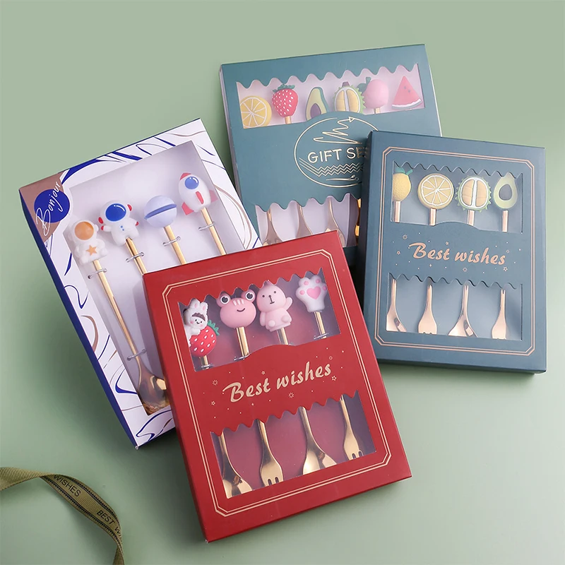

4PCS/6PCS Children Tableware Cutlery Spoon Fork Set Fruit animal Decoration Dessert Spoon Fruit Fork Coffee Spoon Cutlery Gift