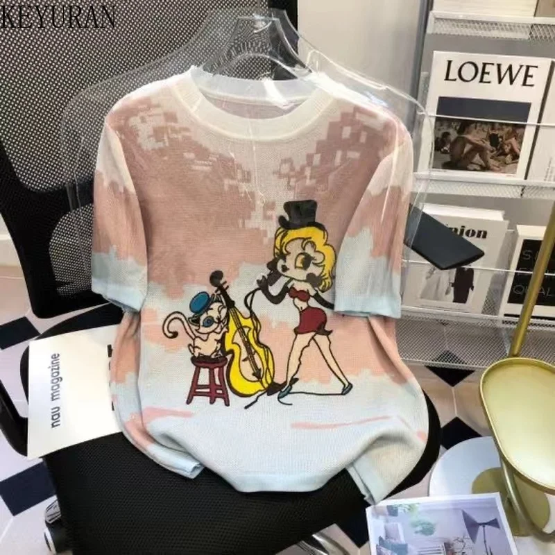 

Cartoon Print Short-sleeved Knitted T-shirt Women's 2022 Summer New Casual Loose Round Neck Woman Sweaters Tees Knitwear Tops