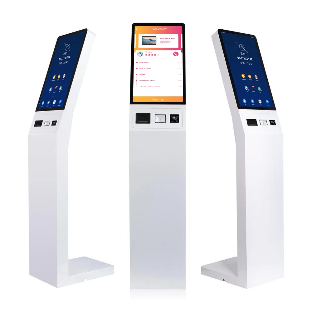 

Freestanding 21.5 inch android AIO touch screen queue kiosk with Pos Barcode scanner Ticket printer options