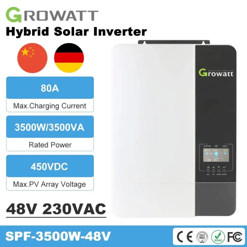 

Инвертор для солнечной батареи Growatt, 3500 Вт, 48 В постоянного тока, В переменного тока, 50/60 Гц, 80 А, чистая Синусоидальная волна, может работать без батареи
