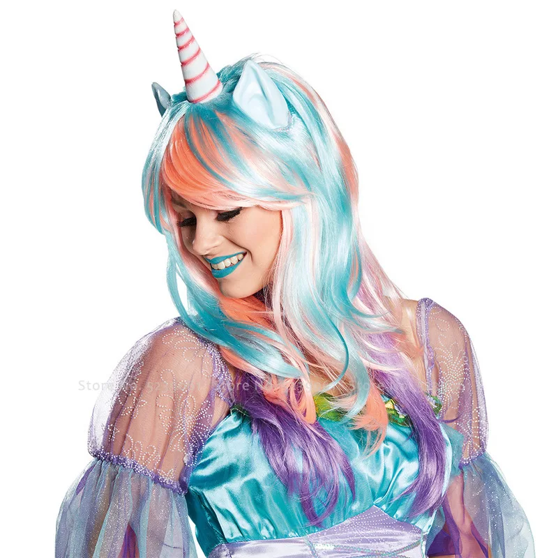 

Cartoon Movie Women Rainbow Unicorn Wig Horn Headwear Girls Princess Pony Long Hair Party Props Headgear Party Cosplay Costumes