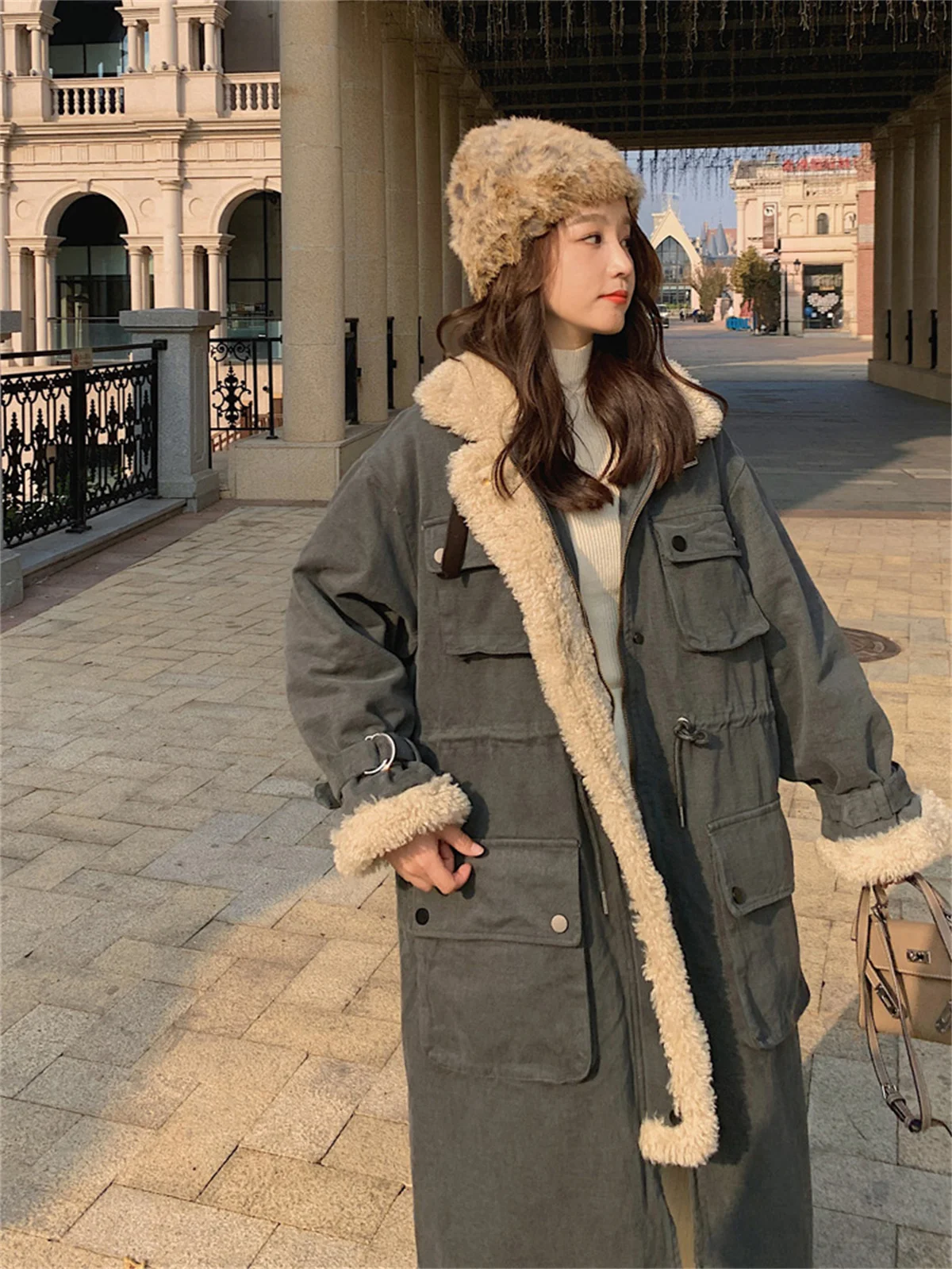 Grey Tooling Rabbit Hair Style Overcame Women's Winter Mid Length Over Knee Loose Thickened Plush Coat Cotton Coat 2022