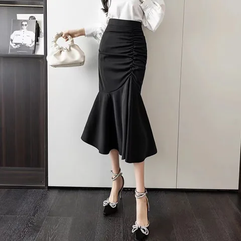 Xpqbb Korean Fashion Women's Long Skirt Summer 2023 Slim Fit High Waist Mermaid Skirt Female Elegant Folds Hip Wrap Midi Skirts