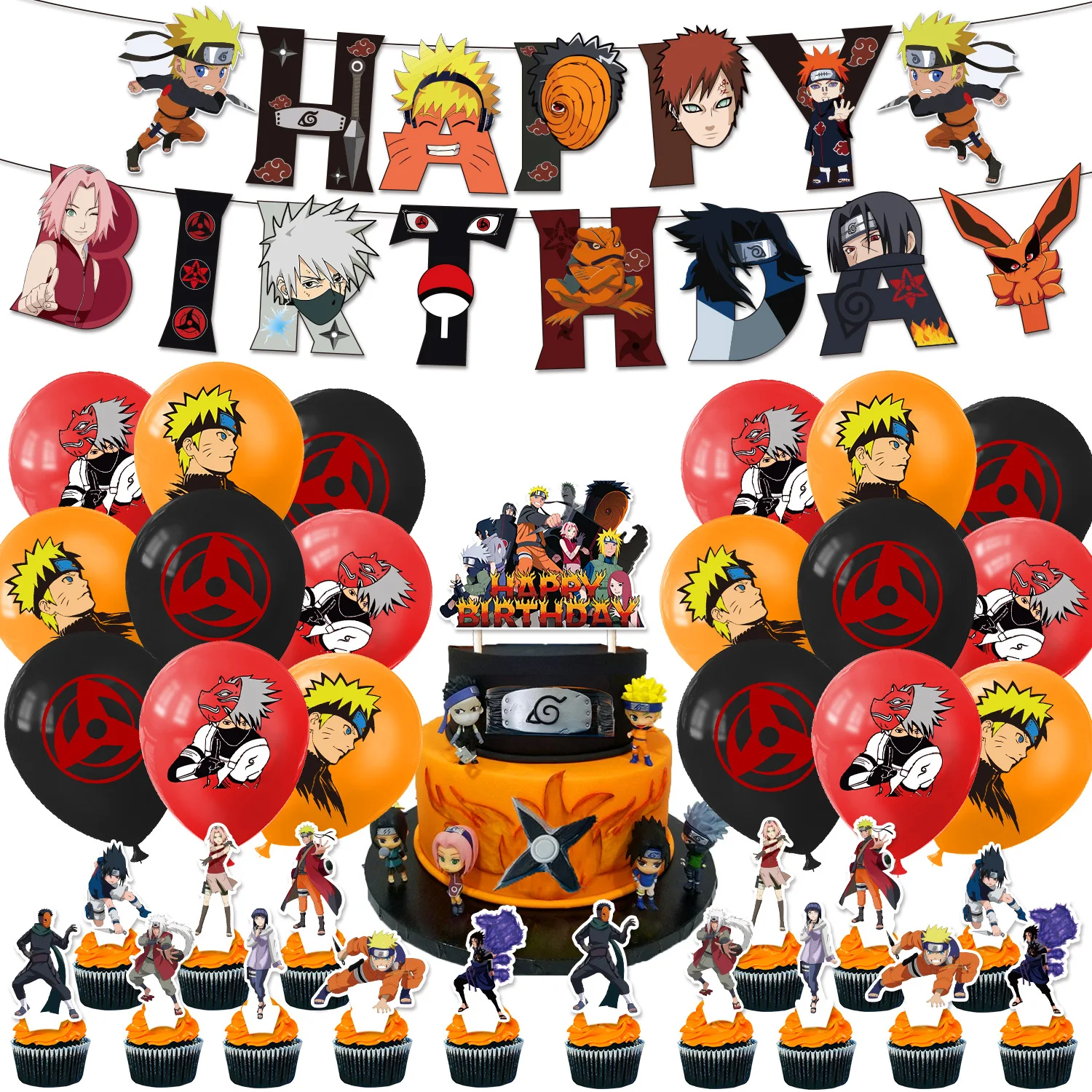 

Naruto anime around the birthday theme party decoration pull flag cake inserts balloon spiral hangings party decoration