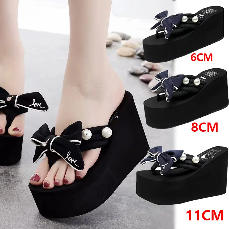 

6/8/11cm Super High Heel Flip Flop Handcrafted Pearl Bow Slip on Seaside Slides Holiday Travel Fashion Women's Black Beach Shoes