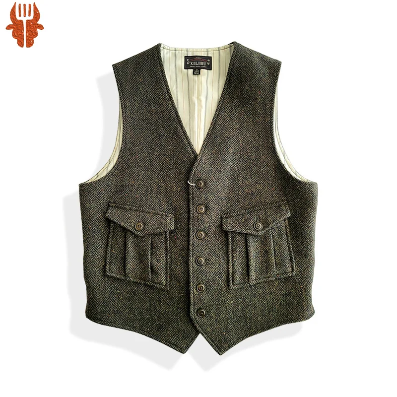 

Tweed Wool Vest for Men Slim Fit Green Smart Business Gentlemen Elegant Waistcoat Vintage Gilet Wedding Groom Dress