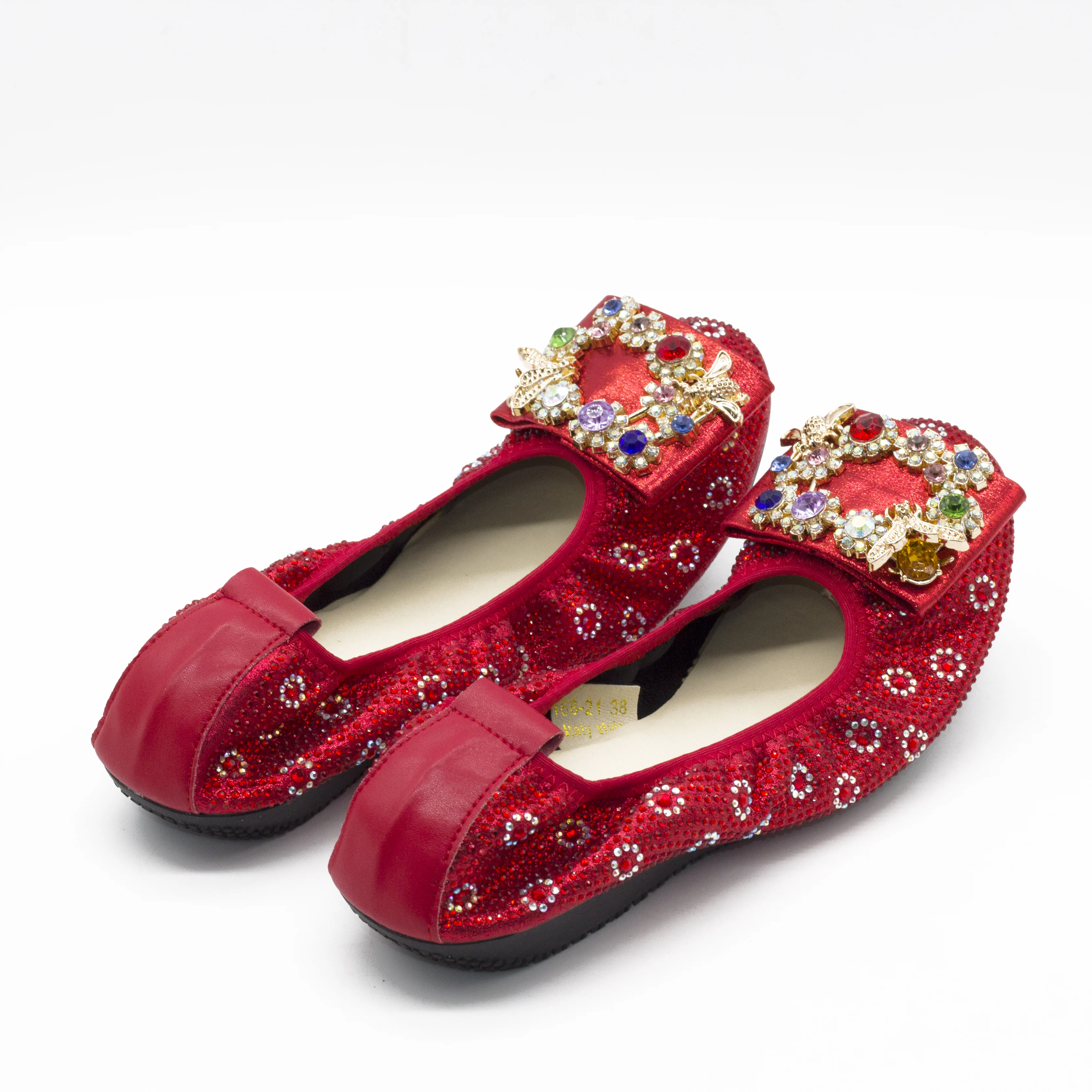 168-21 Red Ballet Shoes for Party Wedding Dress Flats Women Flexible Sole Shiny Rhinestone Buckle Women Ballet Flats for Lady