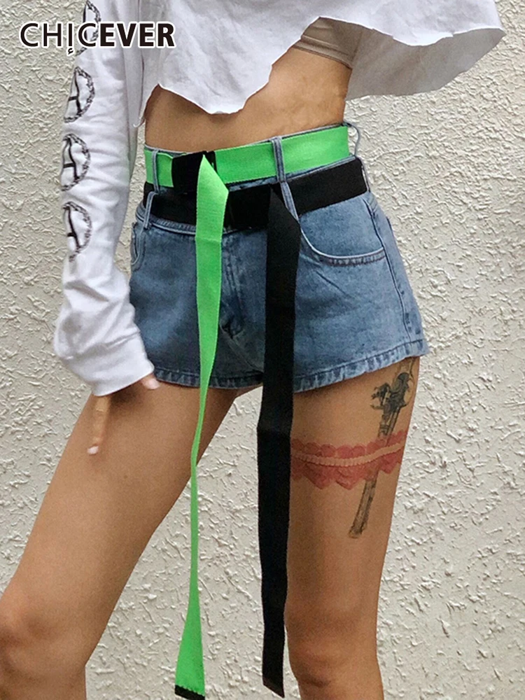 

CHICEVER Fashion Denim Shorts For Women High Waist Slim Patchwork Two Sashes Short Pants Female Spring Streetwear 2022 Clothing