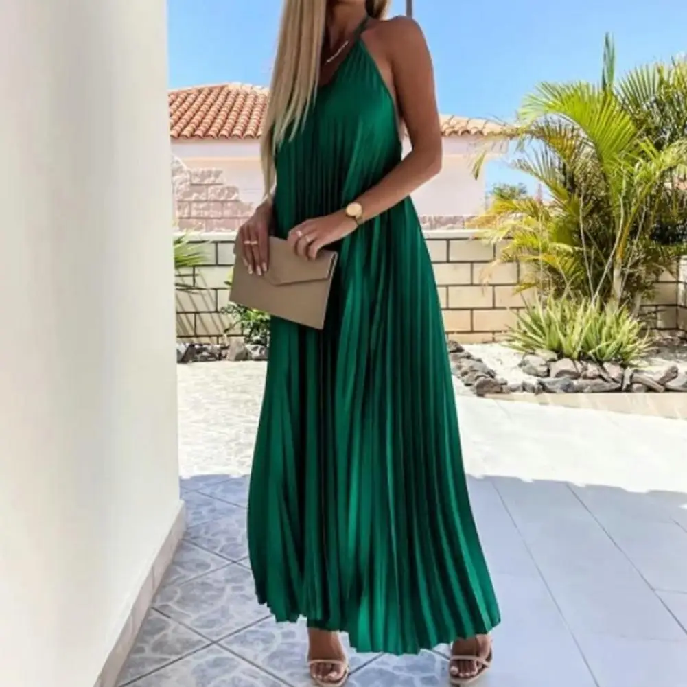 

Summer Women Dress Off Shoulder Backless Solid Color Maxi Dress Elegant Halter Ribbed Pleated Dress Female Clothing Streetwear