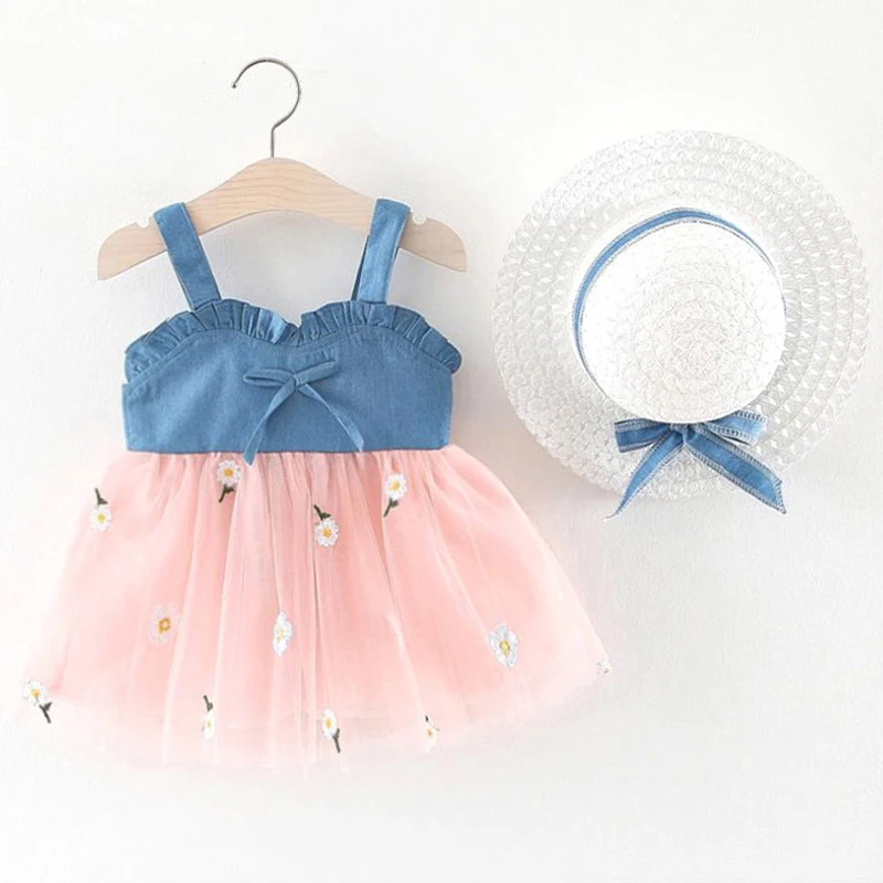 

2Piece Summer Outfits Newborn Baby Girl Dresses Fashion Denim Lace Sleeveless Cute Princess Dress+Hat Kids Clothes Set BC181