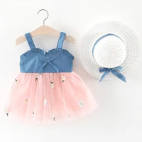 2piece summer outfits newborn baby girl dresses fashion denim lace sleeveless cute princess dresshat kids clothes set bc181