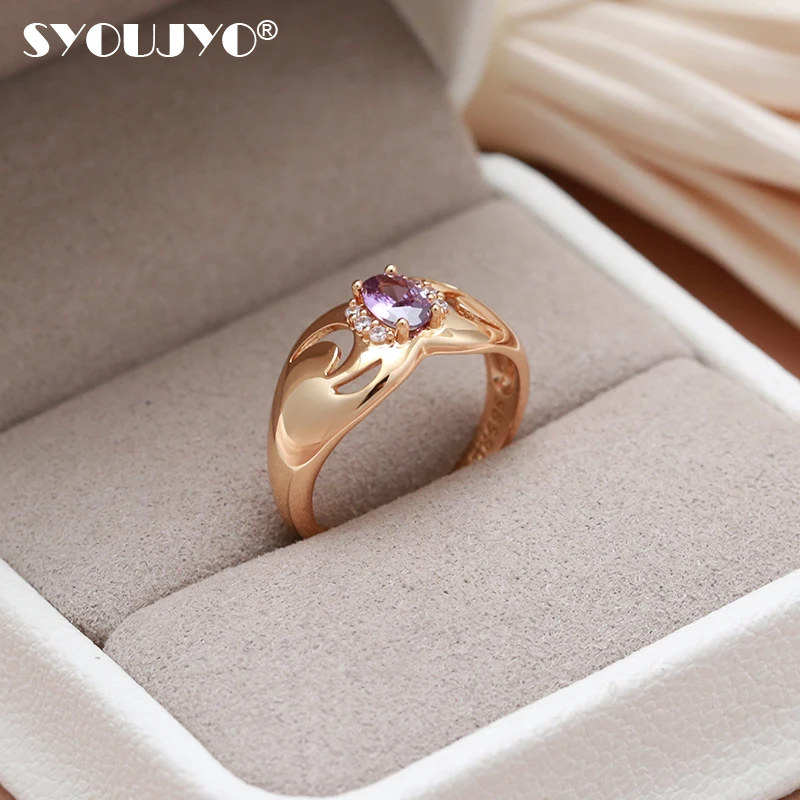 

SYOUJYO Luxury Purple Oval Natural Zircon Rings For Women 585 Rose Gold Color Bridal Wedding Fine Jewelry Trendy Rings Gift