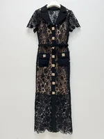 Summer Runway Women Midi Long Lace Dress Black Embroidery Short Sleeve Single Breasted Sexy Hollow Out Bodycon Vestidos