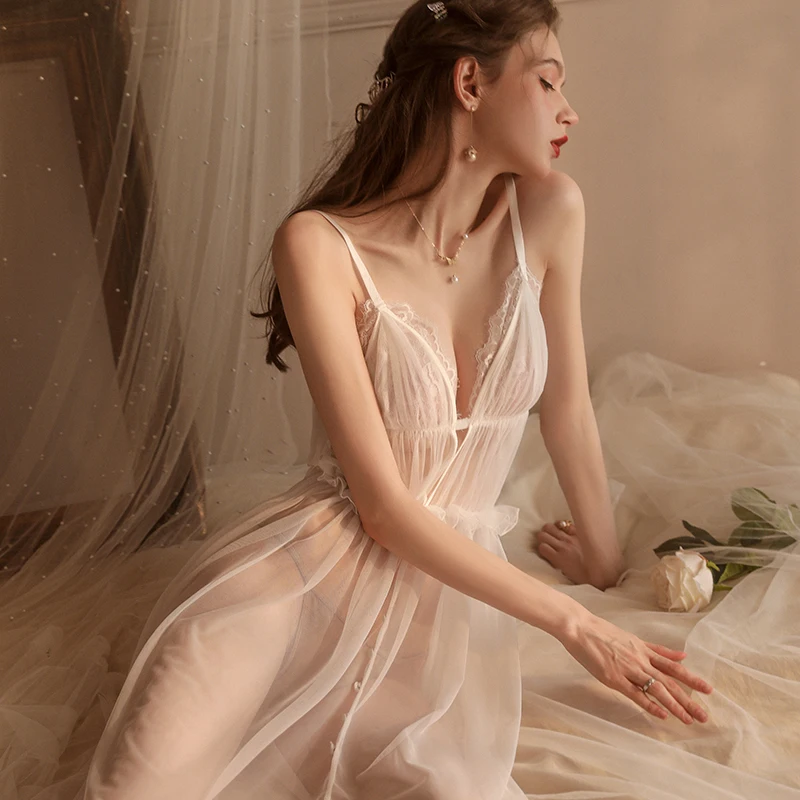 Sexy Mousse Sleepwear Sexy Lingerie Erotic Deep V Mesh Perspective Temptation Women's Homewear Suit Long Suspender Nightdress