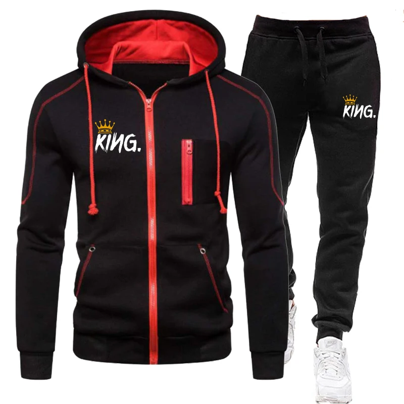 Men Tracksuit KING Printed Zipper Cardigan and Sweatpants 2Pieces Set Spring Autumn Fashion Casual Streetwear Male Jogging Suits