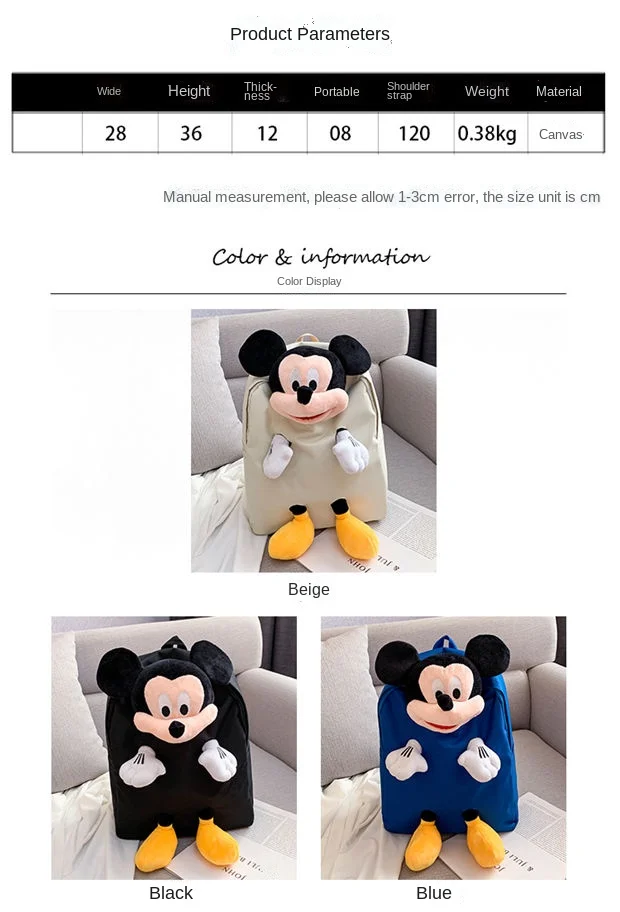 Disney Minnie Mickey Student Canvas Cute Cartoon Doll School Bag Leisure Personality Large Capacity Adjustable Backpack