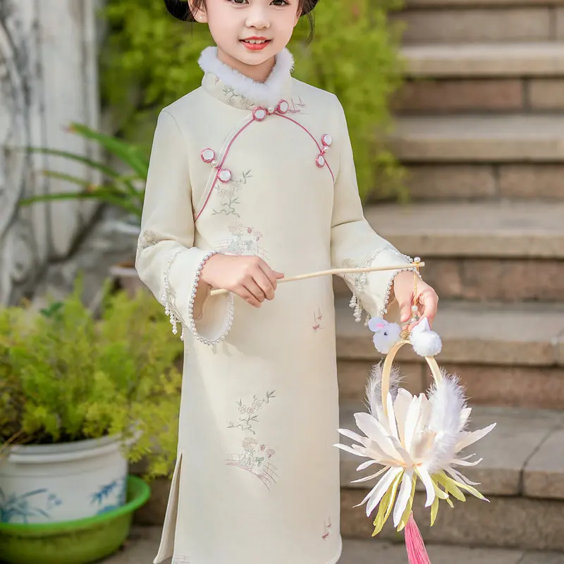 Зима-Осень для девочек бежевое платье чи-пао флисовый воротник-стойка манжета из