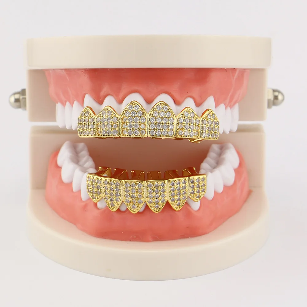 

Hip Hop Grillz Teeth Caps Gold Color Plated Luxury Micro Pave CZ Stones Top & Bottom Teeth Grills Set