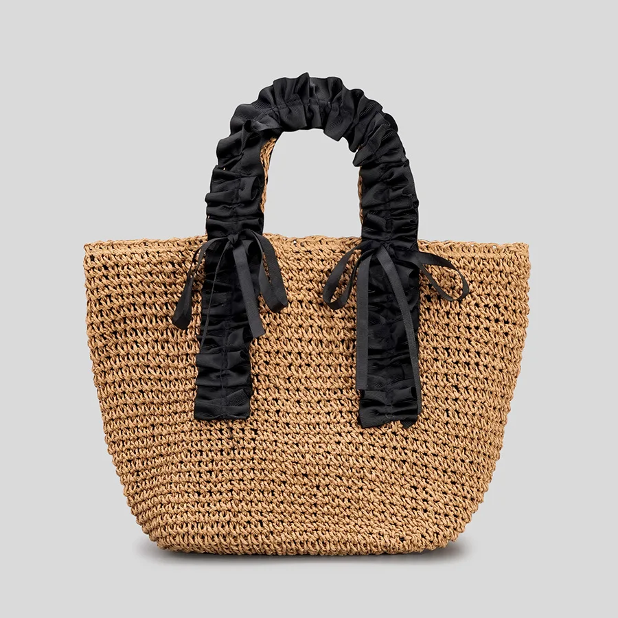 Elegant Ruched Handle Straw Women Handbags Paper Woven Tote Bag Handmade Summer Beach Bags Casual Bali Female Purses 2023