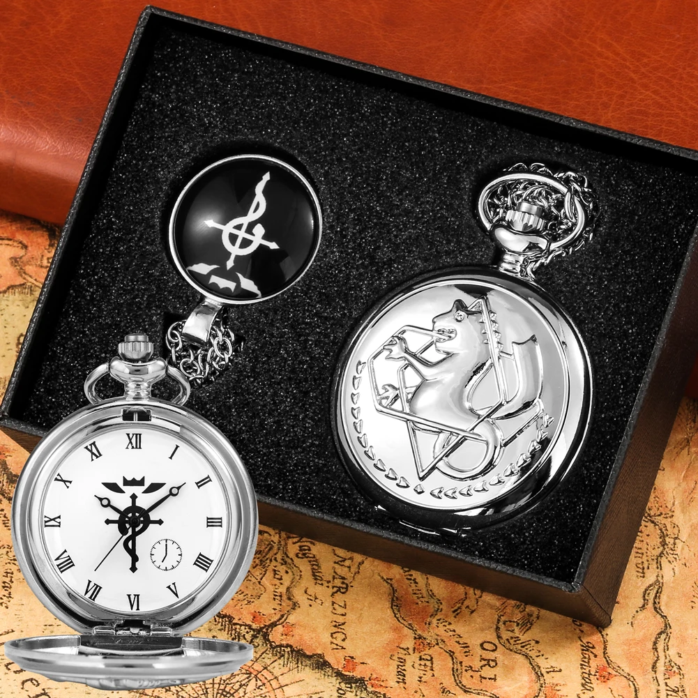 Pocket Watch Gift Set for Men Full Metal Alchemist Luxury Silver Watch Pendant Quartz Pocket Watches Japan Anime Necklace Pedent