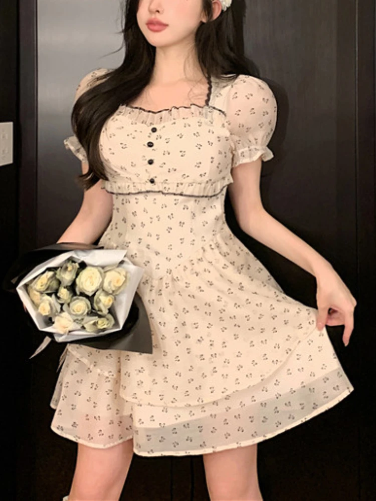 

Retro Backless Short Party Dress Woman Casual Elegant Floral Mini Dress Sweet Short Sleeve One Piece Dress Korea Bow 2022 Summer