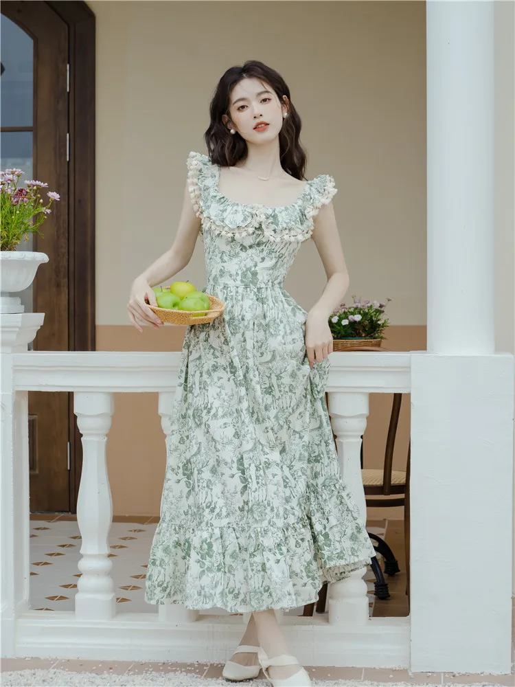 

Летний женский ретро французский романтический пасторальный стиль картина маслом стиль показывает тонкое и длинное платье