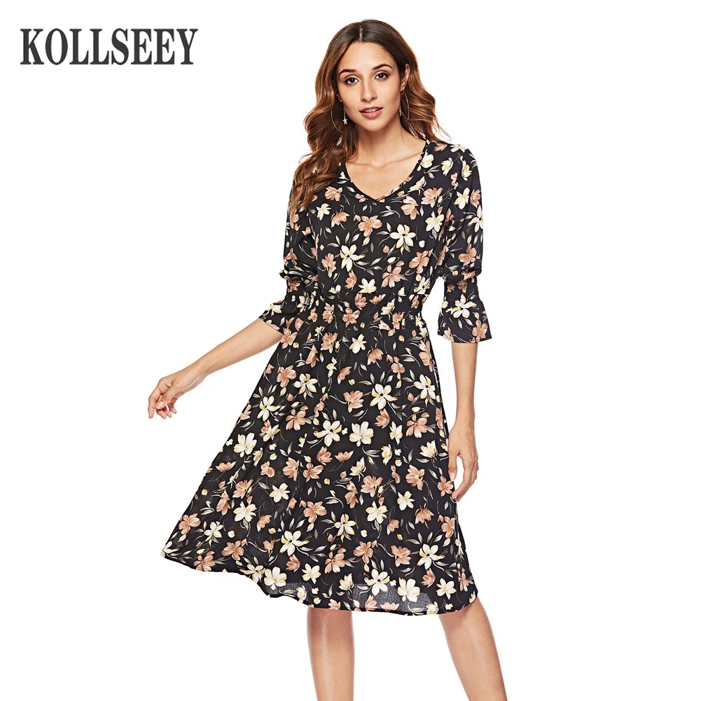 

High Quality Women Lady Elegant Dresses O-Neck Floral Print Long Sleeve Ruffled Casual Dresses