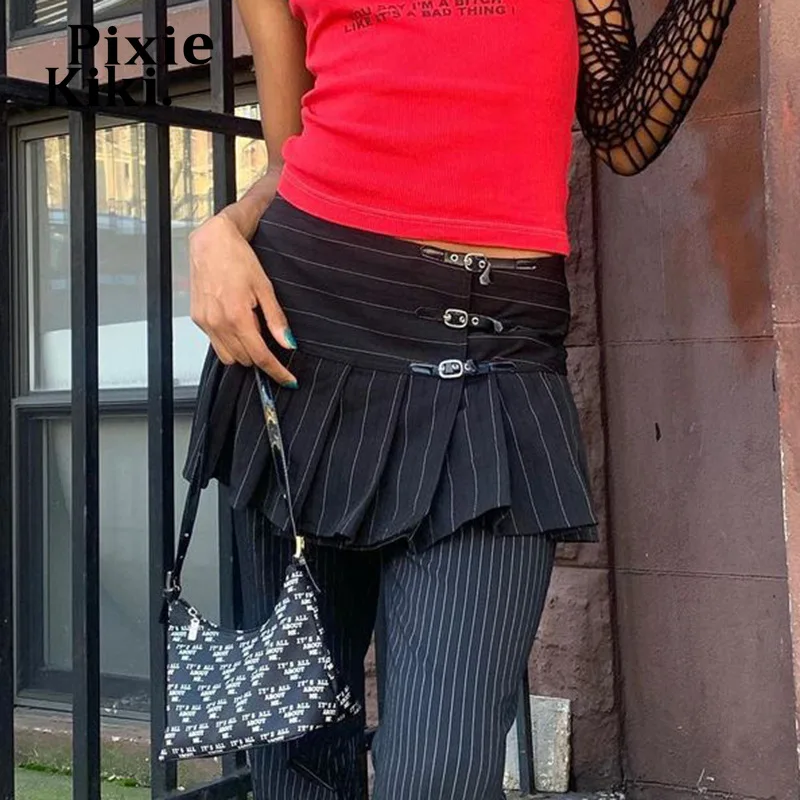 

Летняя плиссированная юбка PixieKiki Y2k в черную полоску, уличная одежда 90-х годов, гранж, мини-юбки с низкой талией для женщин, женская одежда