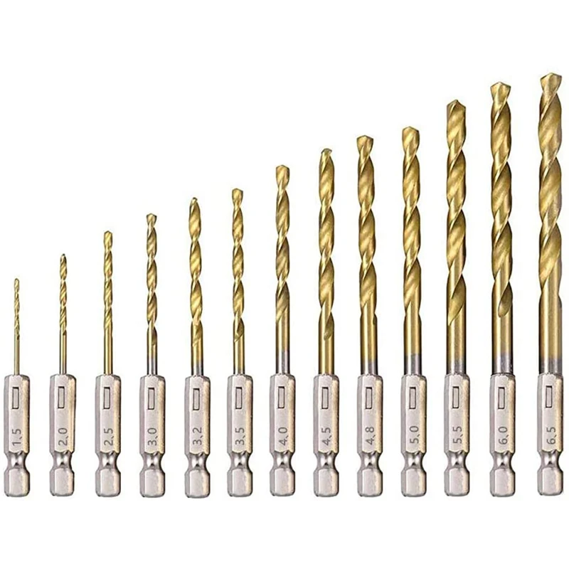 

13Pcs HSS High Speed Steel Titanium Coated Drill Bit Set 1/4 Hex Shank 1.5mm-6.5mm Hexagonal Handle Twist Drill