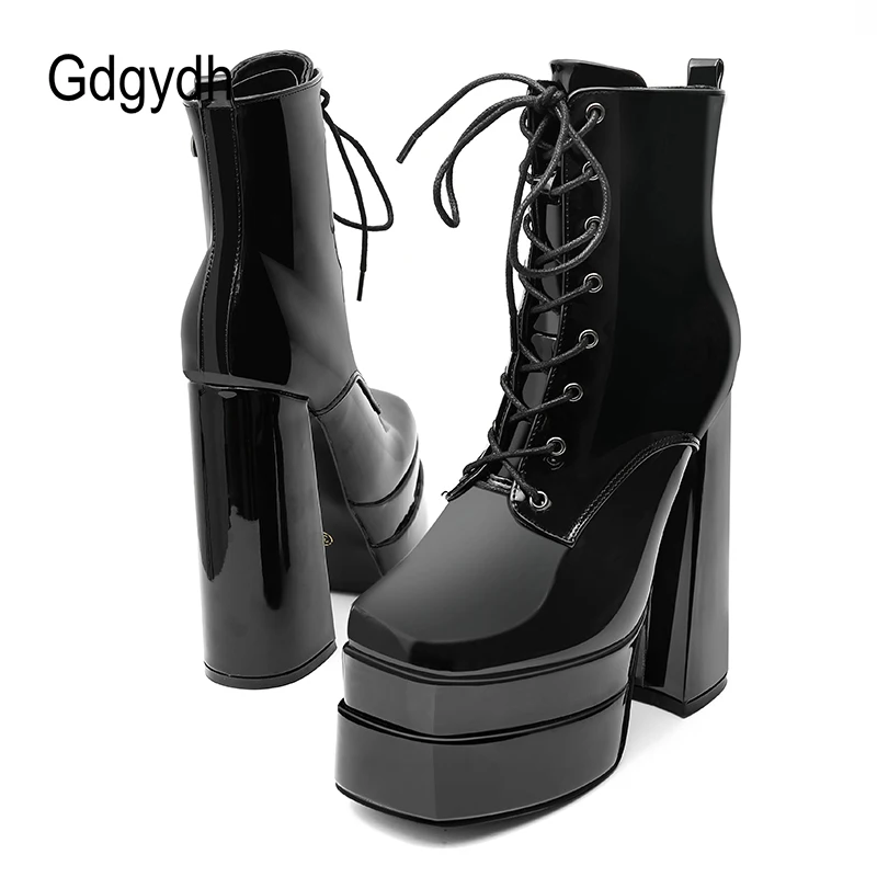 Gdgydh Platform Chunky Boots Women Square Toe Block High Heels Soild Color Lace Up Waterproof Womens Ankle Boots with Zipper
