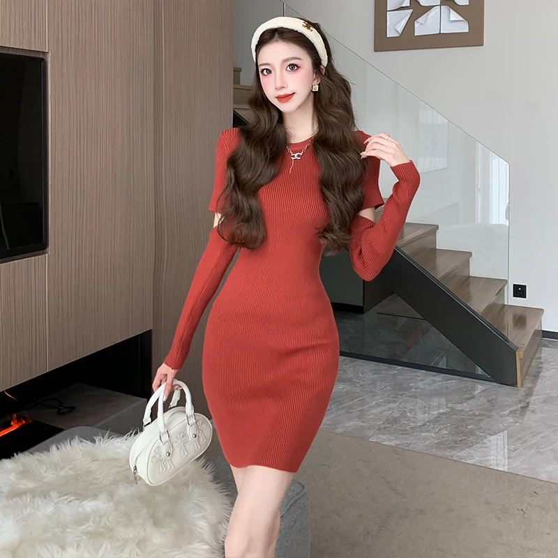 

Real Photo New Knit Slim Base Dress O-Neck Long Sleeve Woman Bodycon Sheath Sweater Pullover Dress Autumn