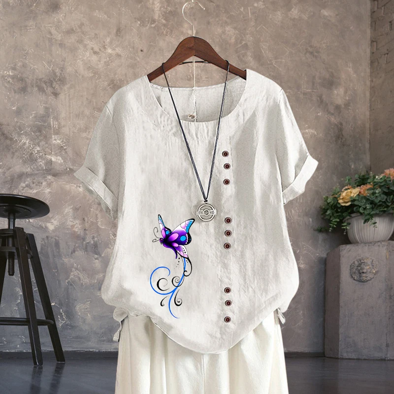 

Short Sleeve Lady's T Shirt Top for Women O Neck Cotton Linen Casual Vivid Butterfly Pattern Women's Clothing Summer Pullover