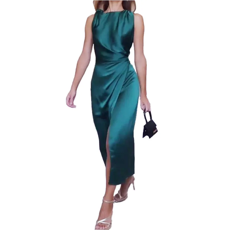 

Summer Elegant Satin Dress Woman Vestido Sleeveless O-neck Party Female Dresses